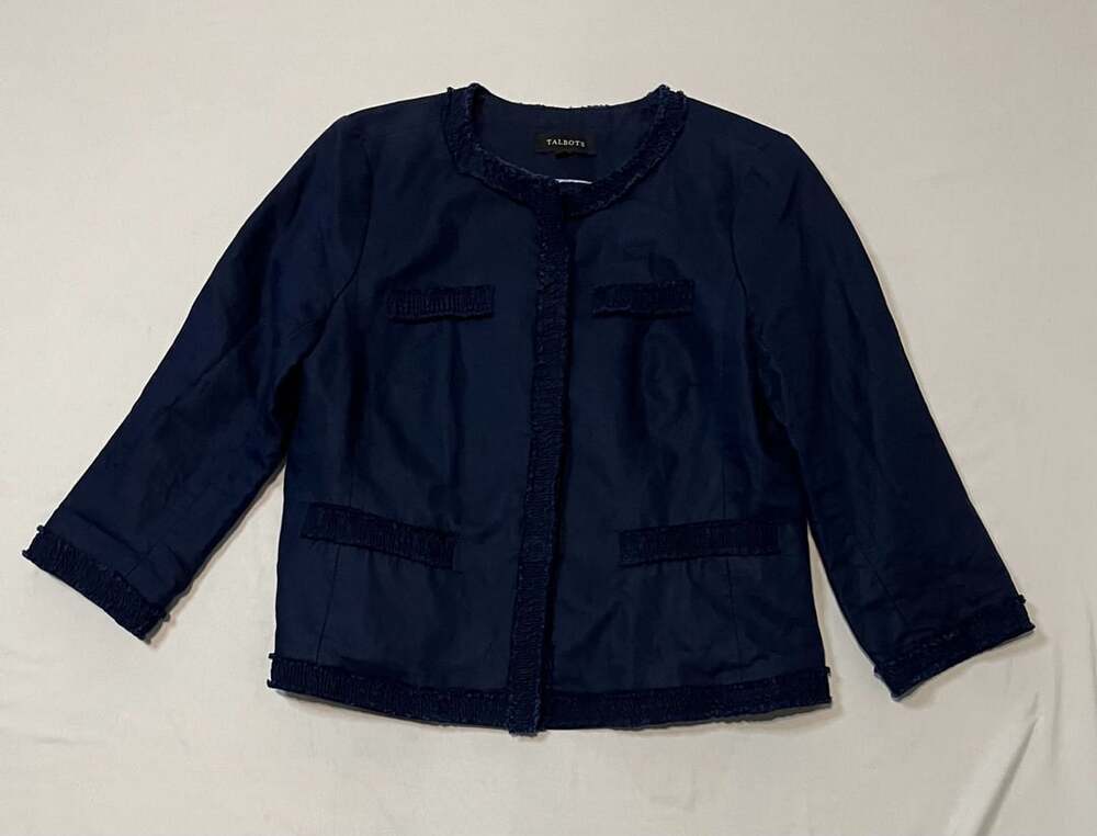 Talbots Linen Cotton Fringe Jacket Size 8 Navy Blue